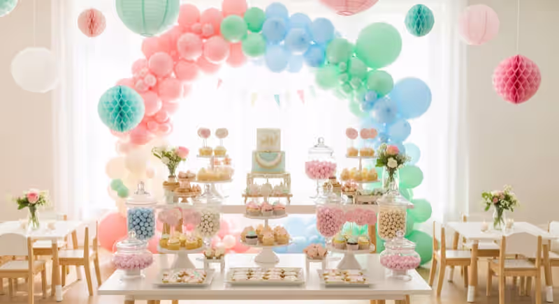 Mesa de dulces infantil con arco de globos en evento con inflable en Toluca