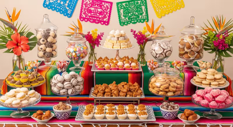 Mesa de dulces tradicional mexicana con papel picado para posada en Toluca