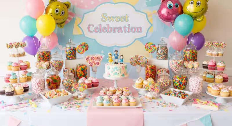 Mesa de dulces temática para evento corporativo masivo en Toluca
